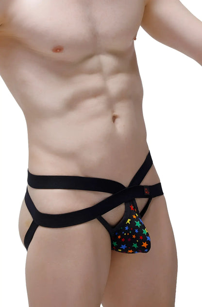 Black jockstrap antran rainbow stars with colorful star patterns on a black fabric base for men
