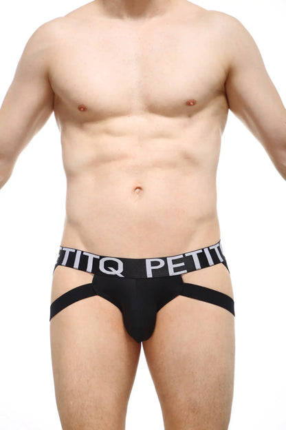 Black petitq jockstrap briefs with contrasting white logo band and side straps in armix black design