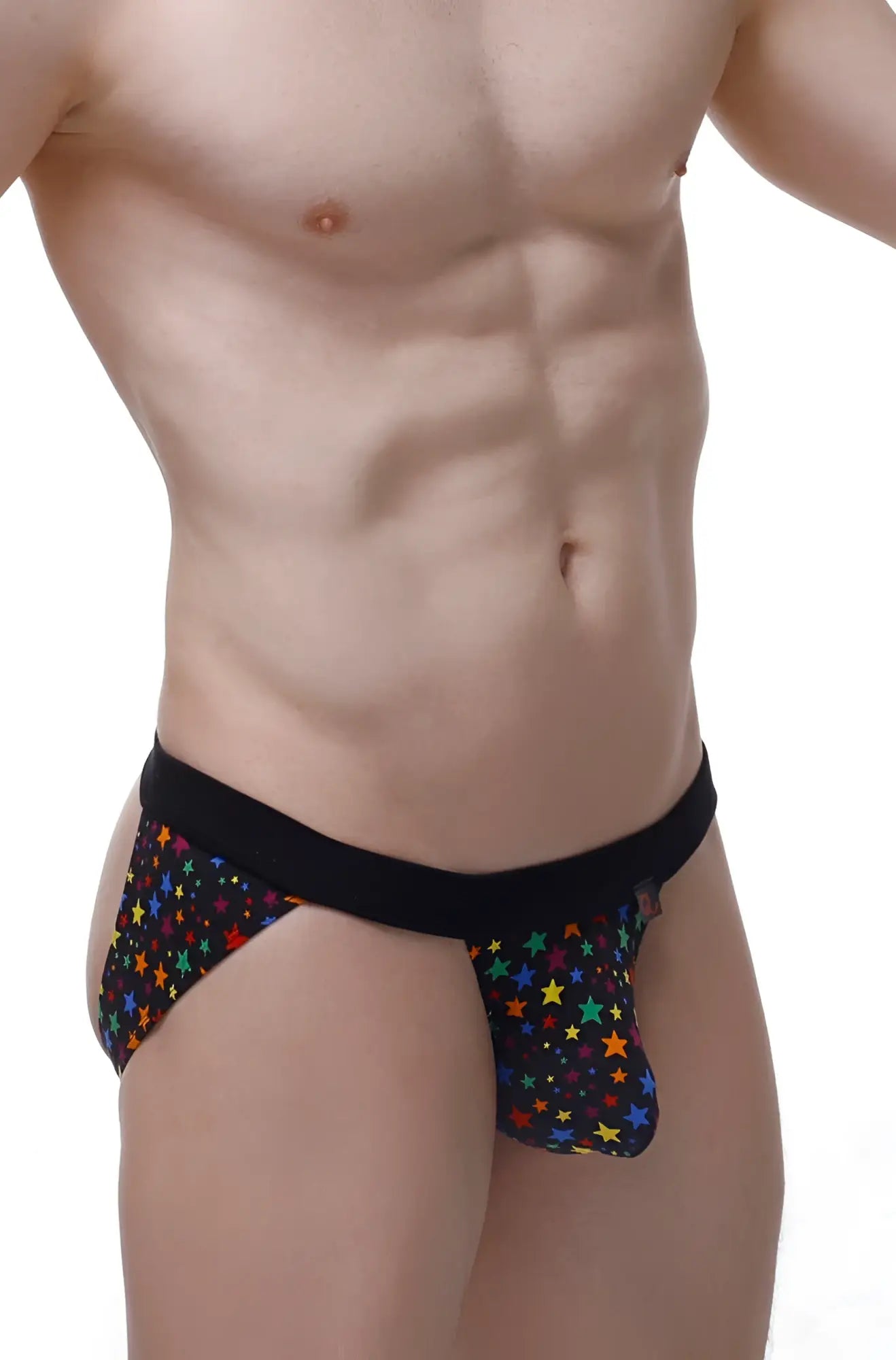 Black jockstrap augea stars featuring vibrant multicolored star pattern on briefs front side cotton blend