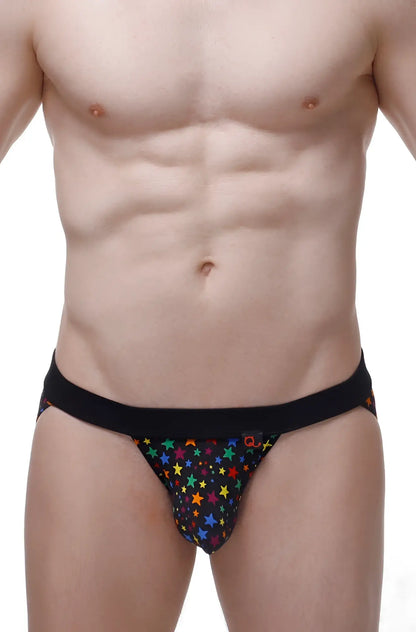 Black jockstrap augea stars with vibrant rainbow star pattern on soft breathable fabric front view