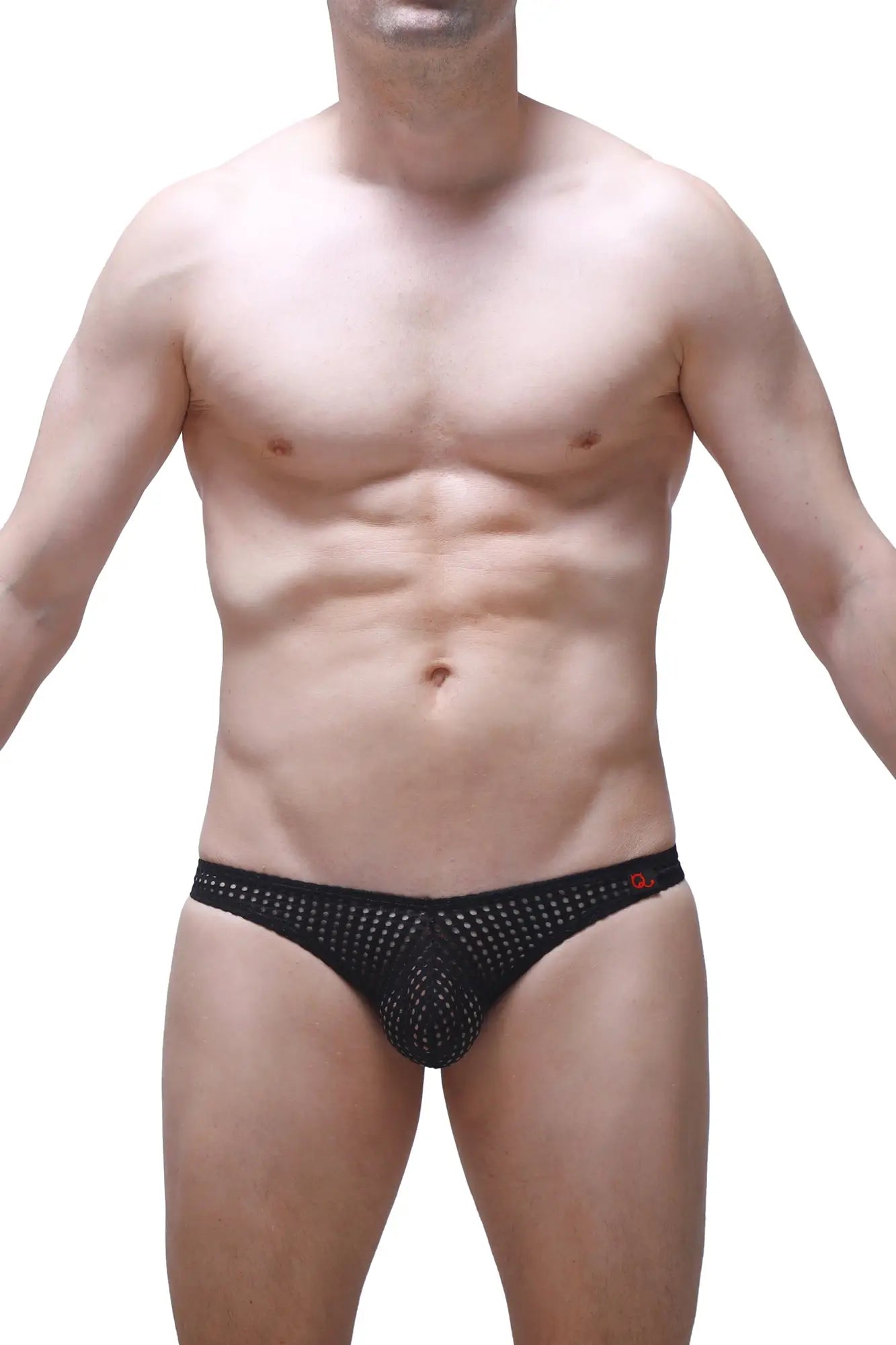 Black mesh jockstrap bagard durtol with a subtle red logo on the waistband showing the front side