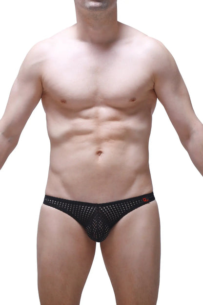 Black mesh jockstrap bagard durtol with a subtle red logo on the waistband showing the front side