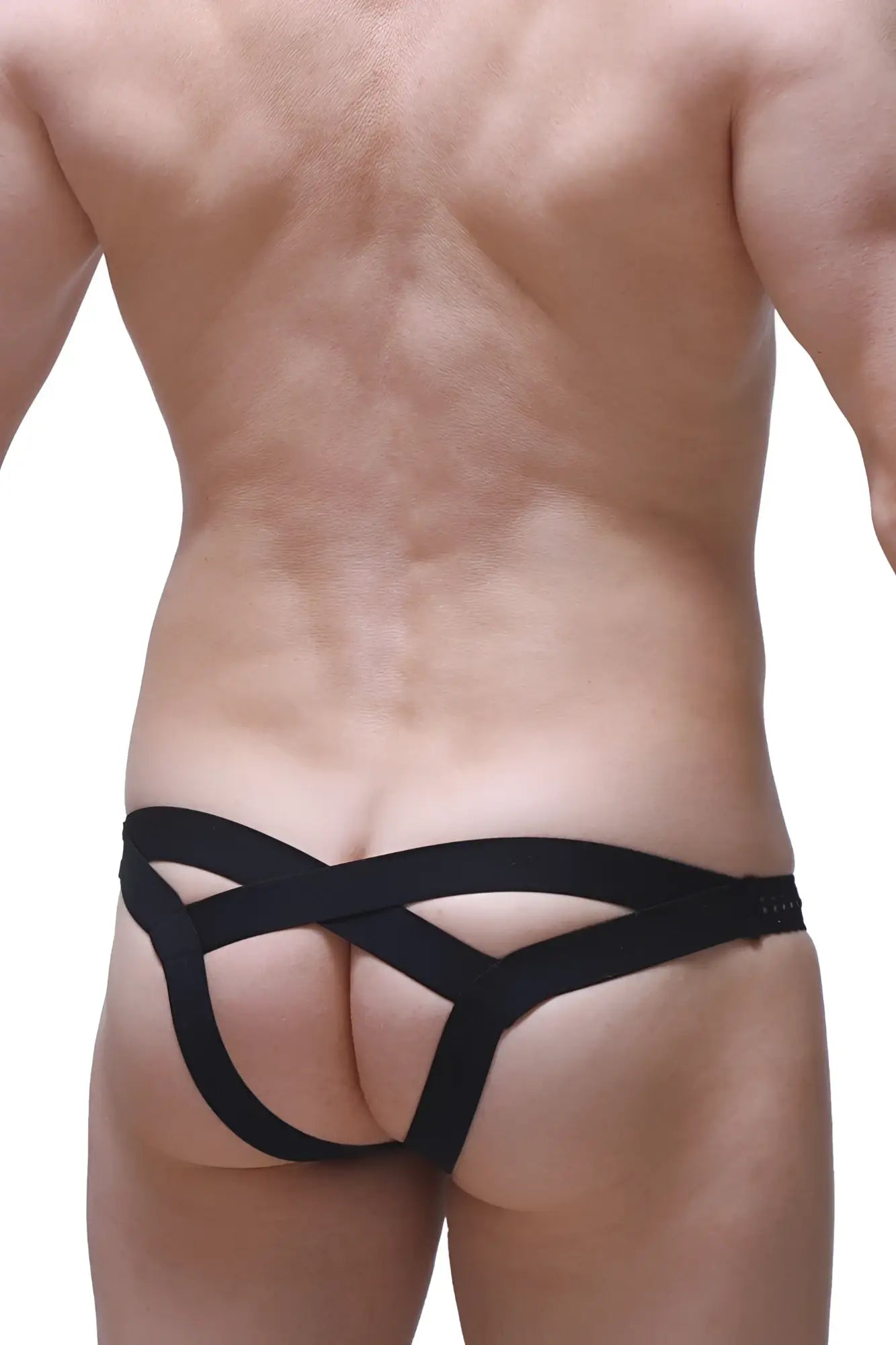 Black jockstrap bagard durtol men’s briefs showing the back with sleek crisscross design and form-fitting material