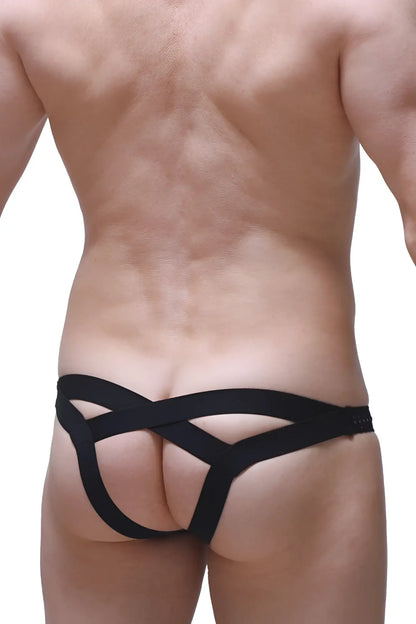 Black jockstrap bagard durtol men’s briefs showing the back with sleek crisscross design and form-fitting material
