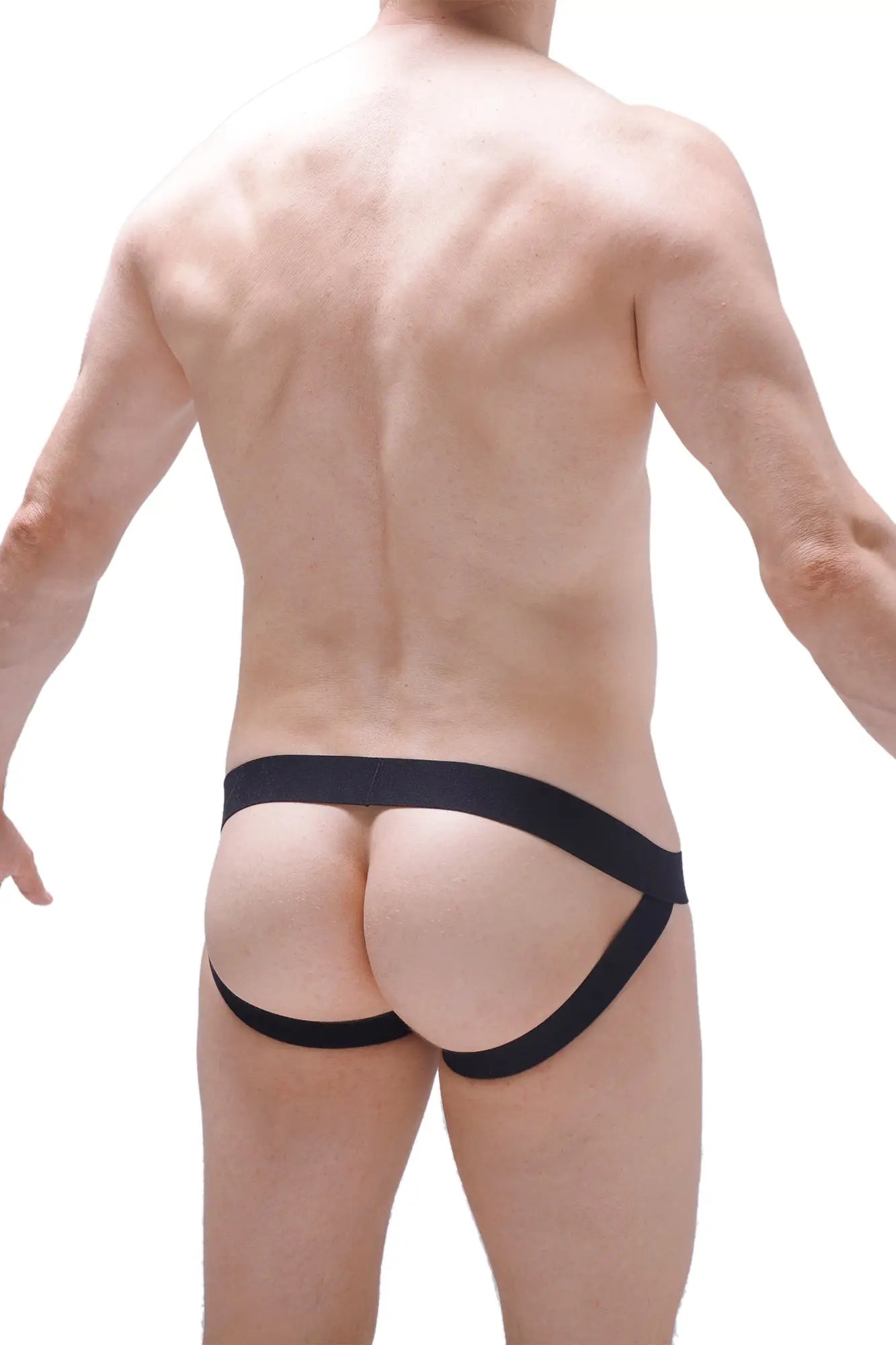 Black form-fitting high-waisted jockstrap ball-lifter fringe briefs with wide elastic waistband and supportive side straps