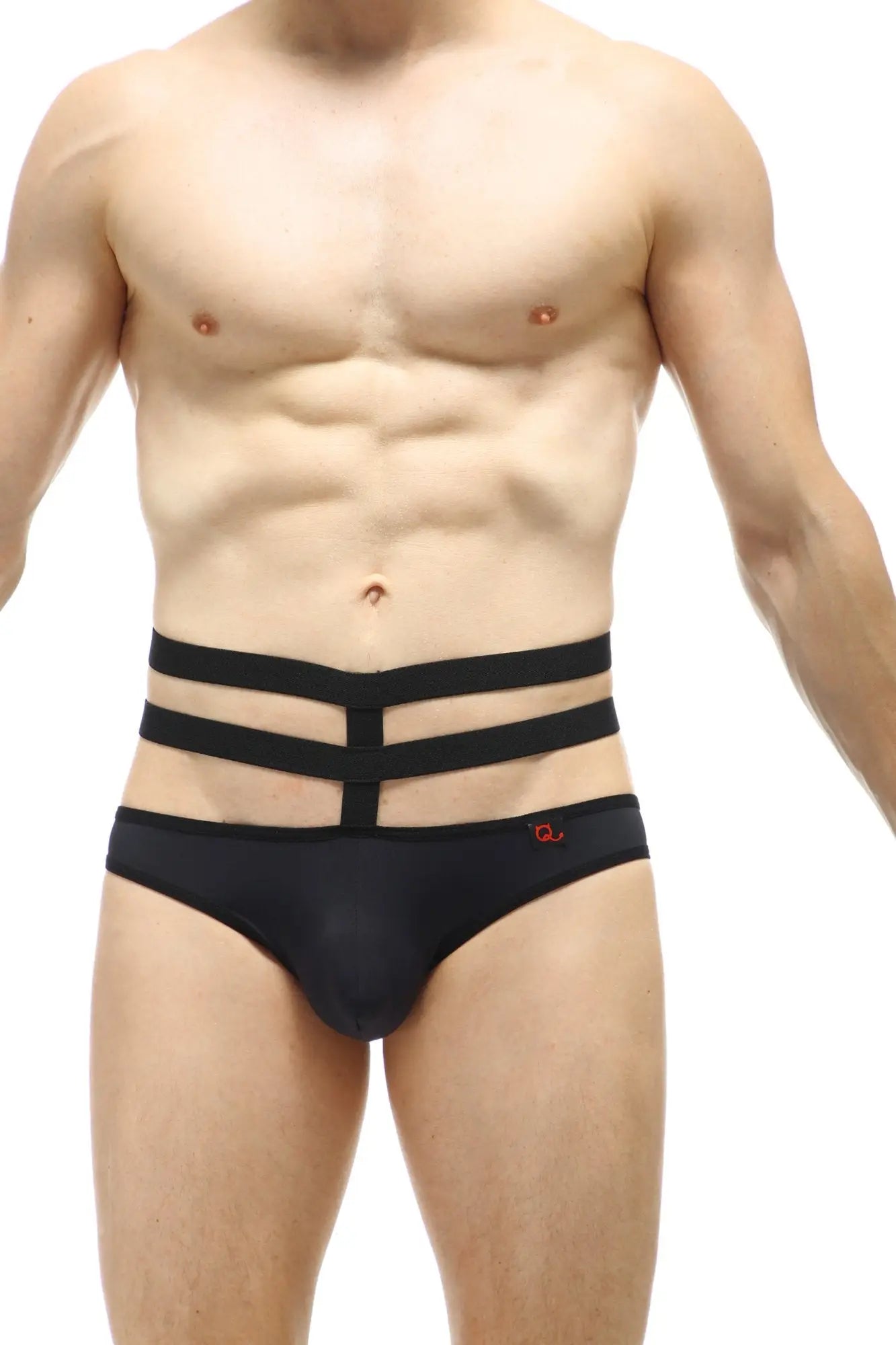Black jockstrap bassan with three straps and a sleek modern design featuring a subtle red logo on the side