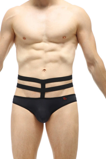 Black jockstrap bassan with three straps and a sleek modern design featuring a subtle red logo on the side