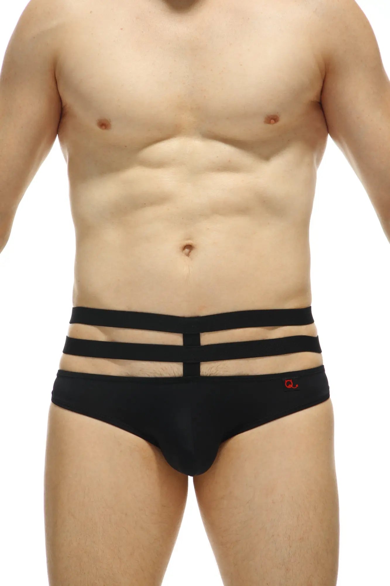 Black men’s briefs jockstrap bassan with three horizontal elastic bands recycled nylon black with red logo on side