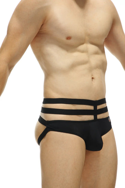 Black three-strapped men’s jockstrap briefs made from recycled nylon with a sleek modern design