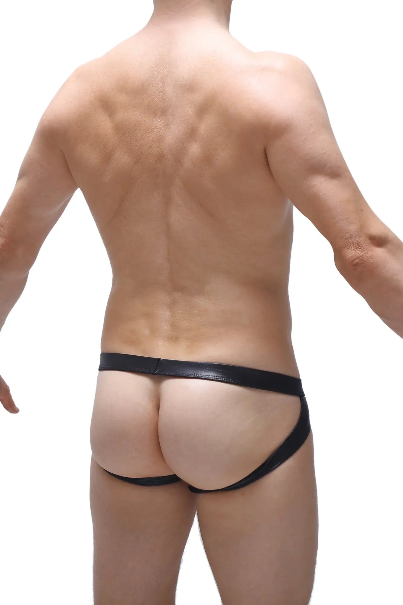 Black leather-like jockstrap beire wet black briefs with a sleek minimalist design shown from the back side