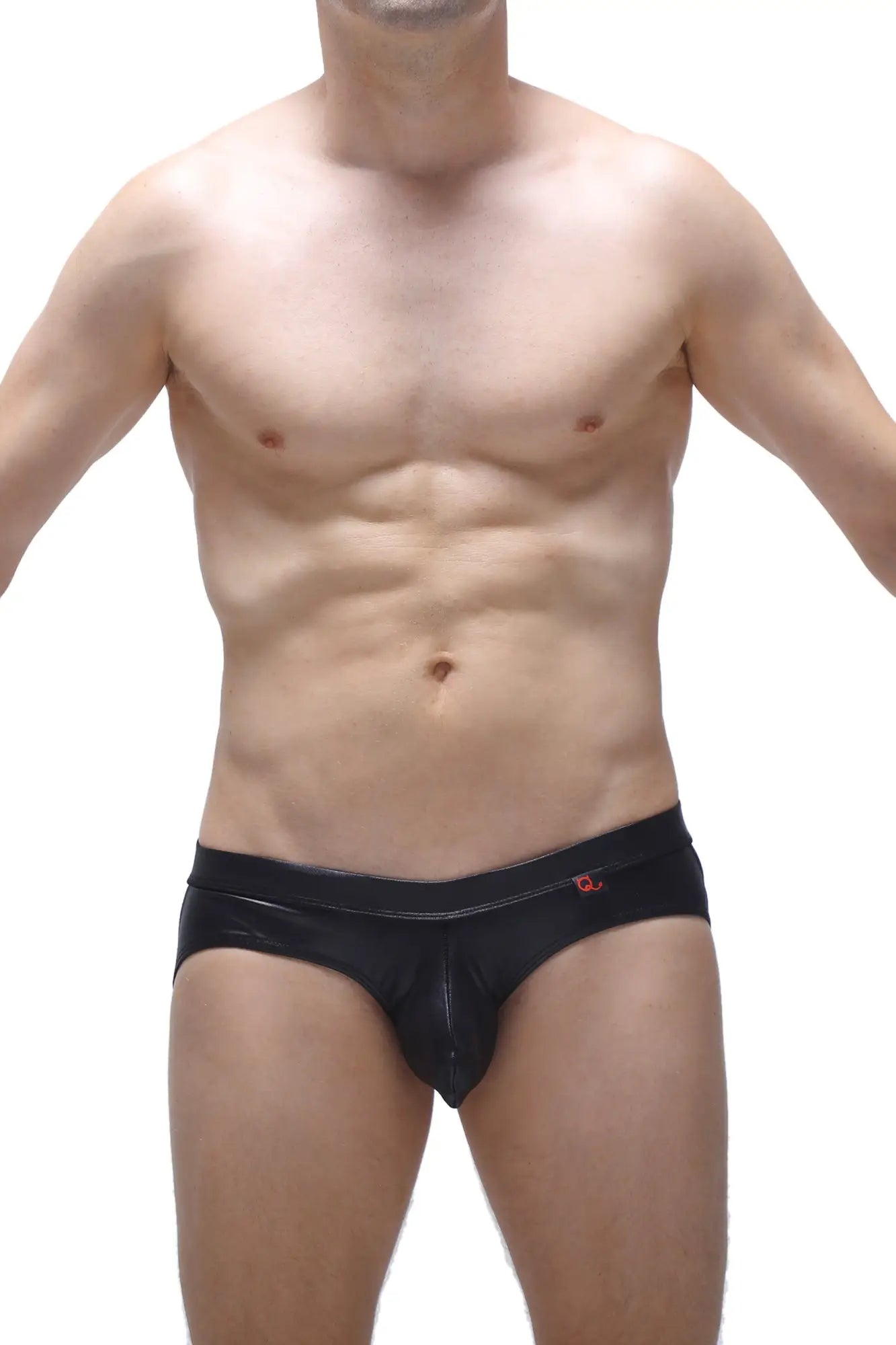 Black patent leather jockstrap briefs with a red logo on the waistband from beire wet black collection