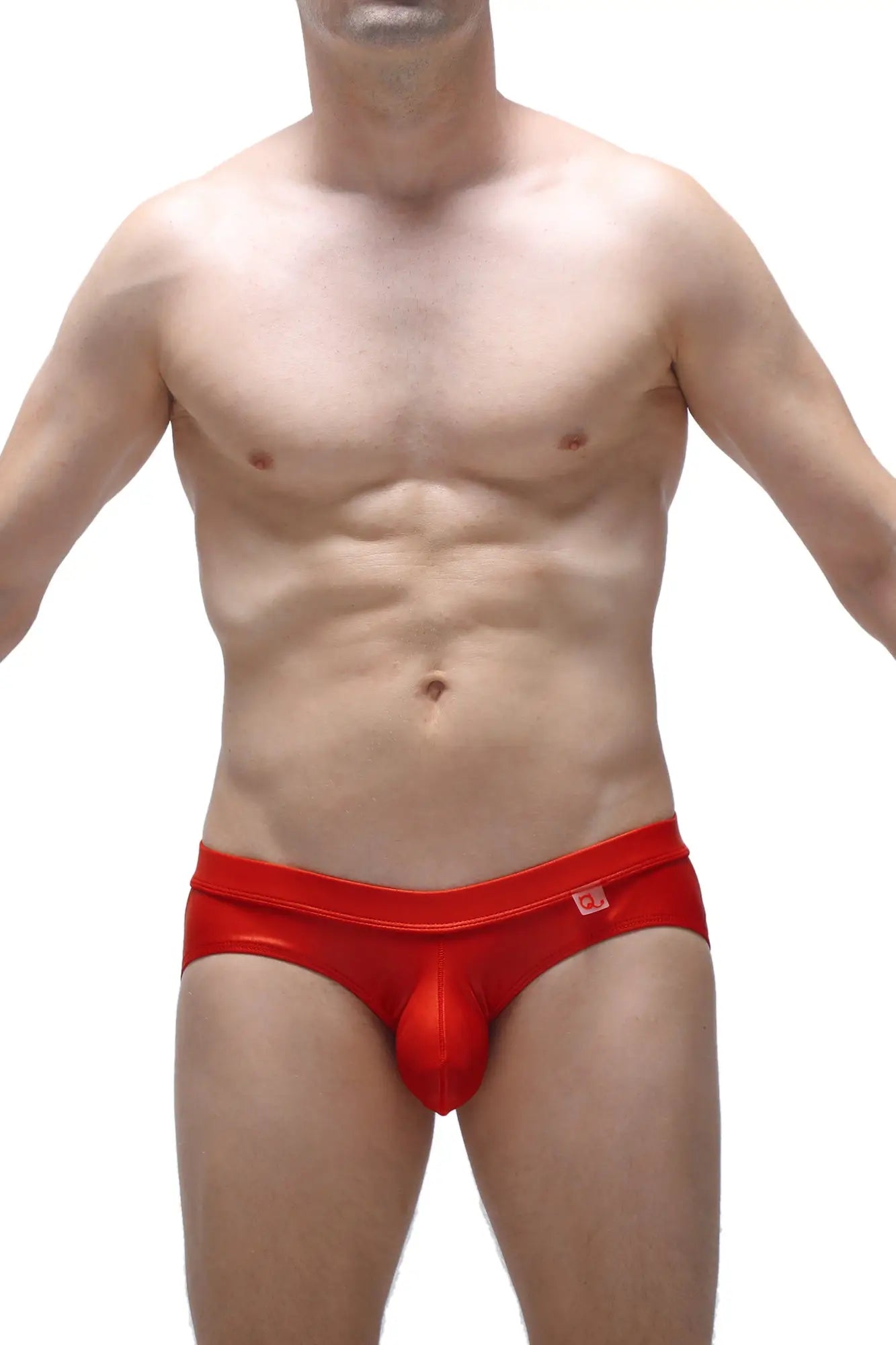 Red shiny latex men’s briefs jockstrap beire wet red with a prominent pouch design for enhanced support