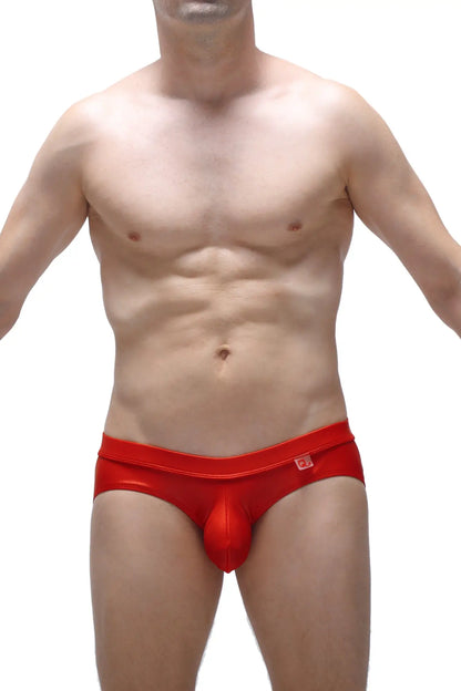 Red shiny latex men’s briefs jockstrap beire wet red with a prominent pouch design for enhanced support
