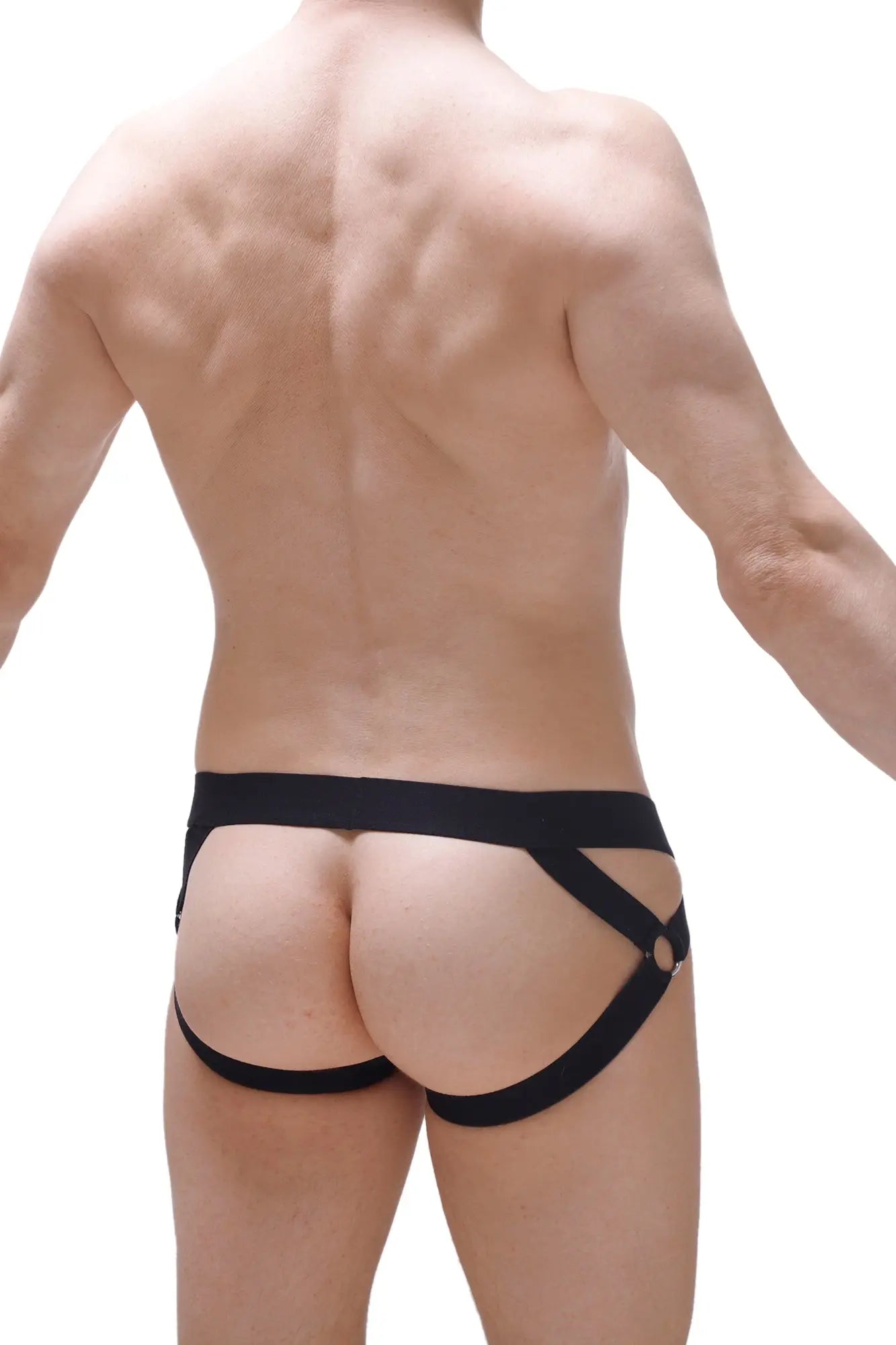 Black fabric briefs jockstrap brucy lace with wide waistband and crisscrossing side straps