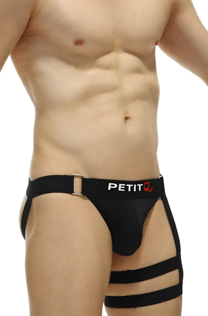 Black petitq jockstrap calenge recycled briefs with three horizontal thigh straps shown from the back side
