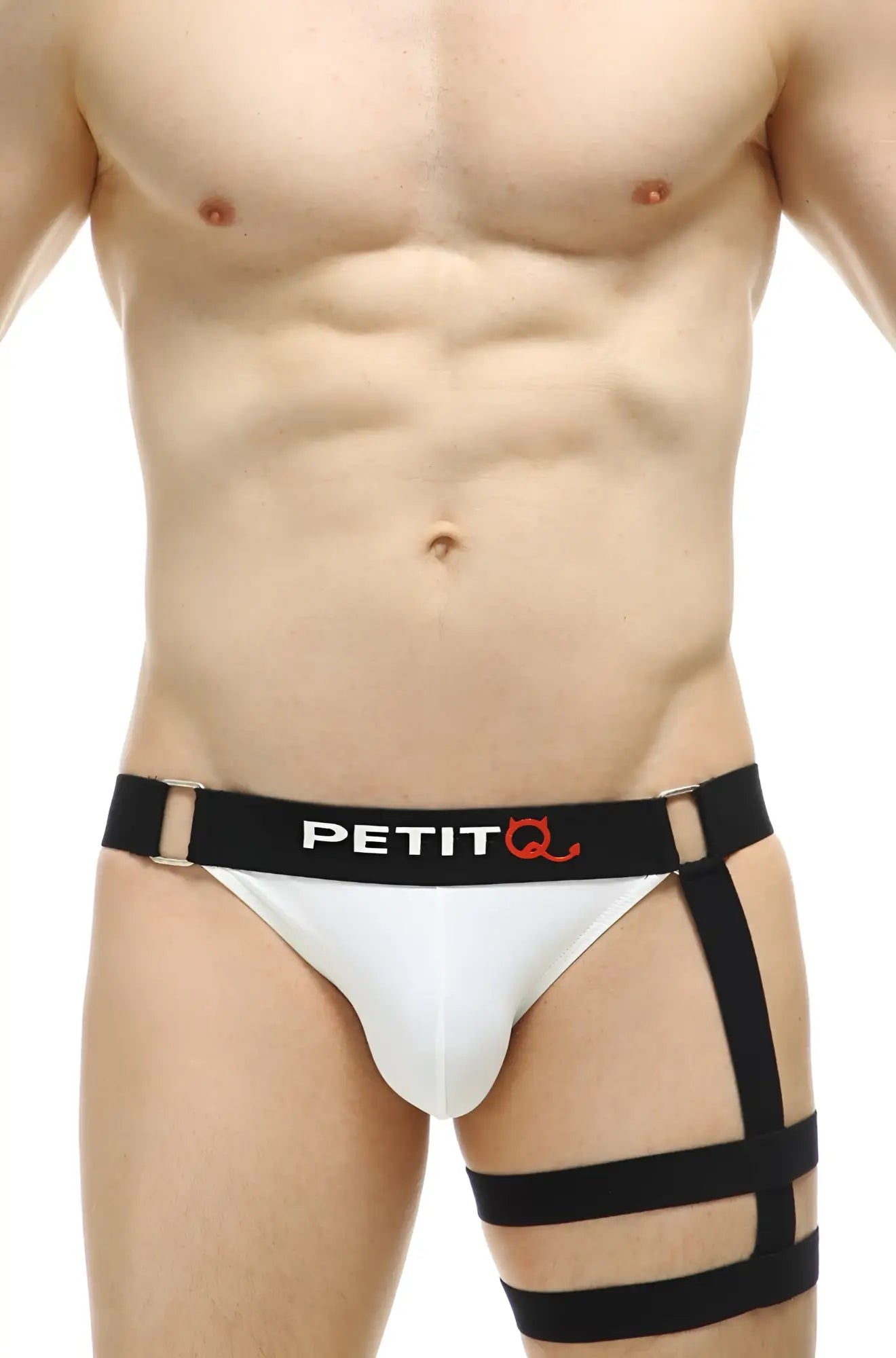 White and black petitq men’s briefs jockstrap calenge with bold strappy design for support and style