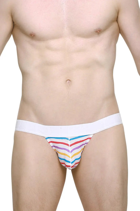 Men's jockstrap featuring colorful candy stripes white waistband shown on a model with a bare chest