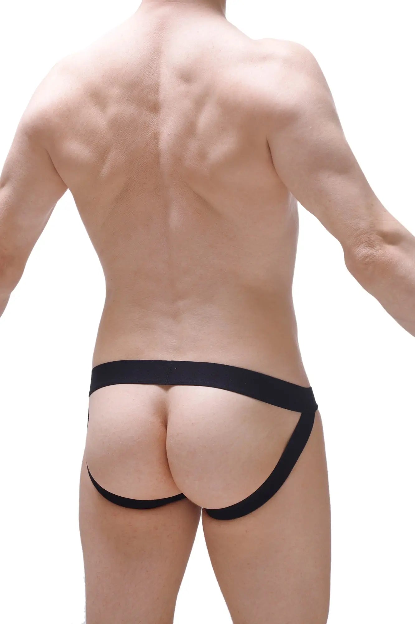 Black form-fitting athletic jockstrap chill boudoir briefs with smooth elastic waistband and side cutouts