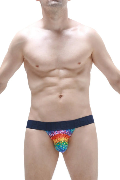 Men’s briefs in rainbow pattern with dark blue waistband from jockstrap chill kaleidoscope collection
