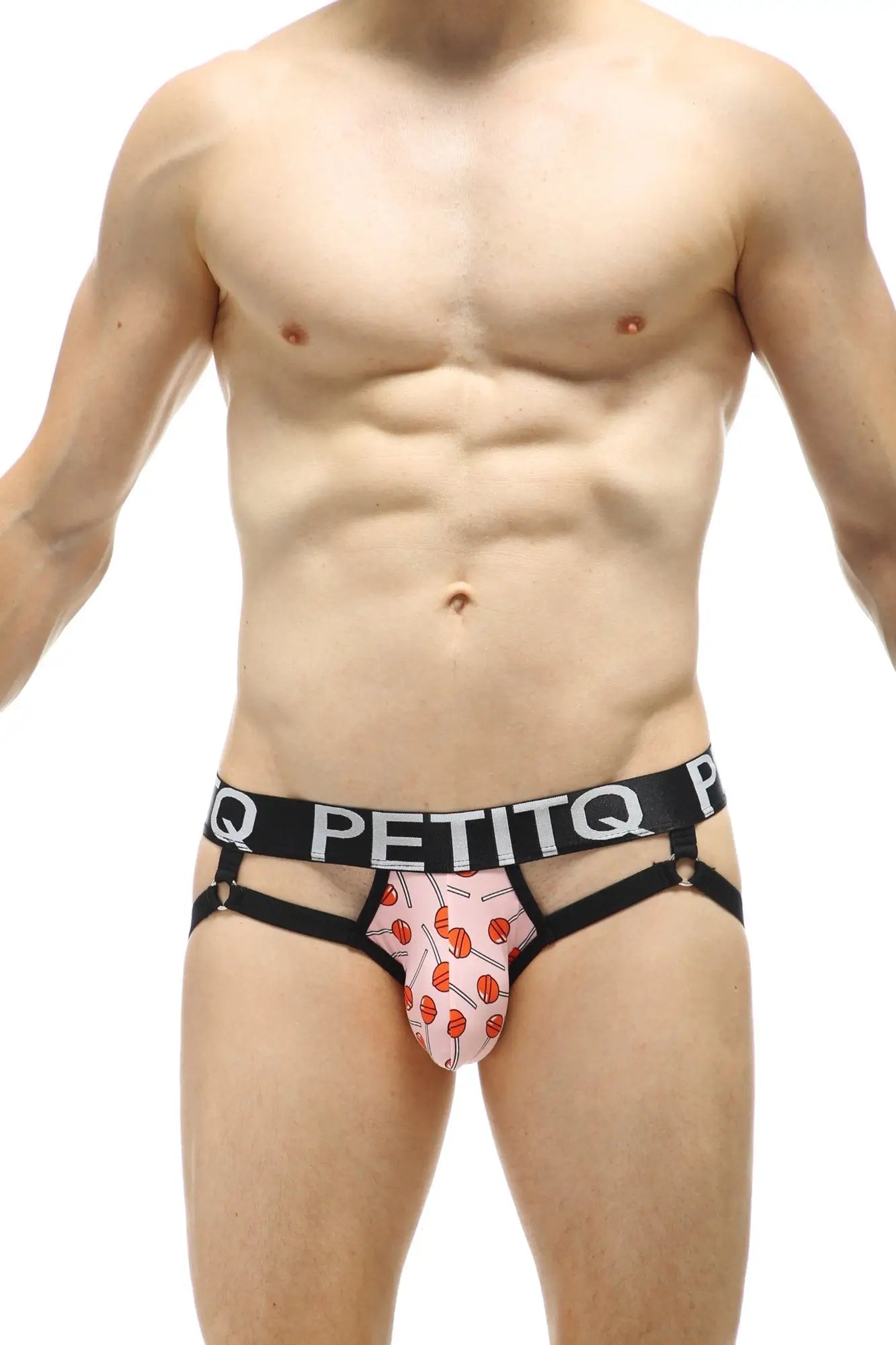 Jockstrap ciran lollipop pink lollipop-patterned men’s briefs with black elastic waistband and petitq logo