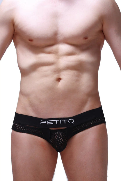 Black mesh jockstrap dolmen durtol with white petitq logo on waistband designed for breathable support
