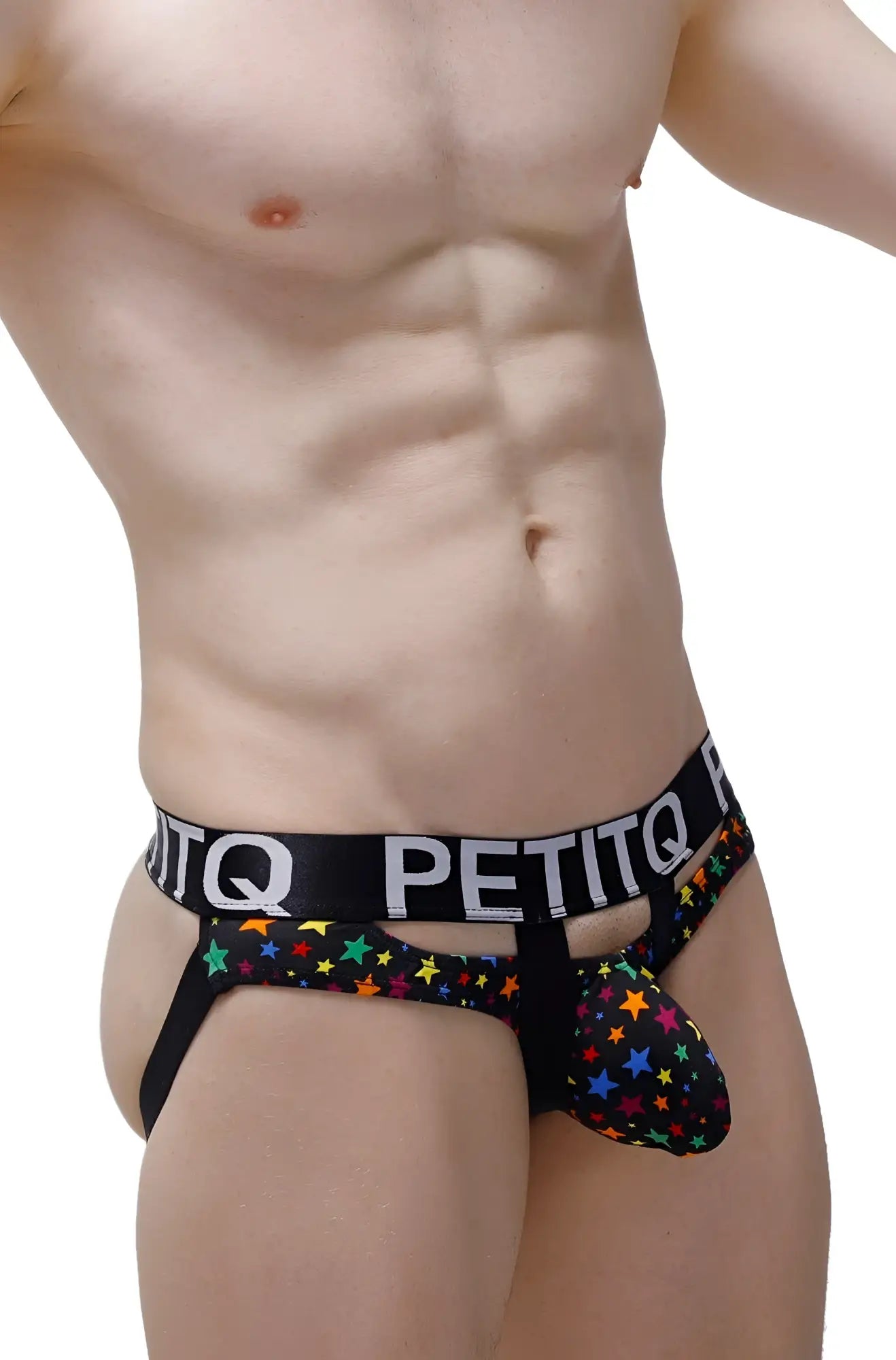 Black jockstrap dolmen stars with colorful star pattern and supportive contoured pouch design for active wear