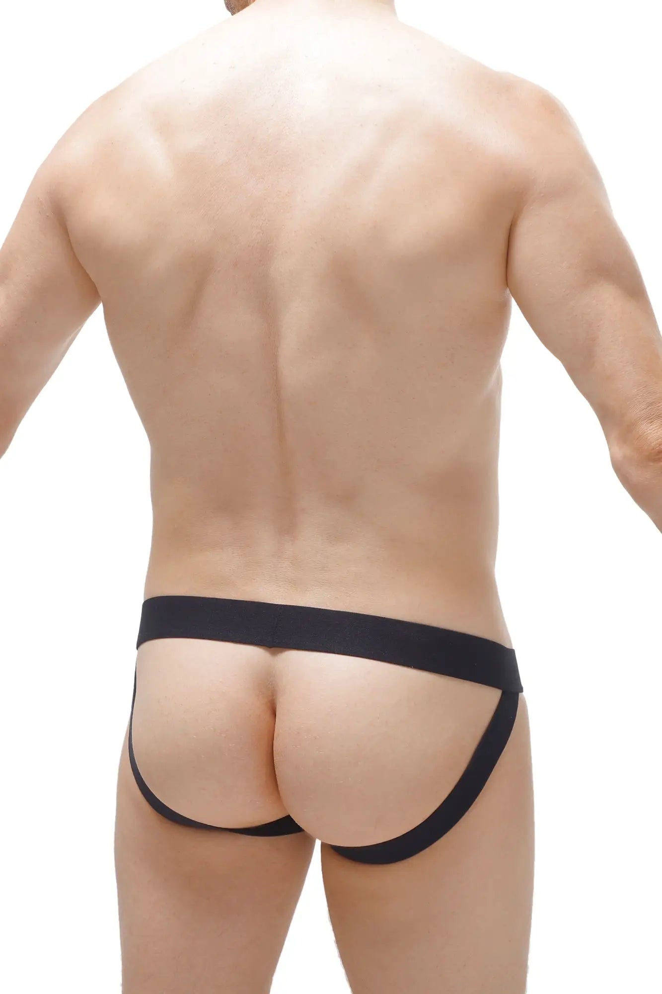 Black jockstrap double pouch modal briefs with smooth elastic waistband and side straps in gray modal material