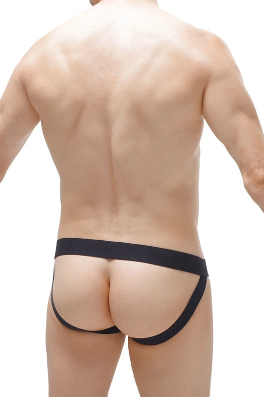 Black jockstrap double pouch modal briefs with smooth elastic waistband and side straps in gray modal material