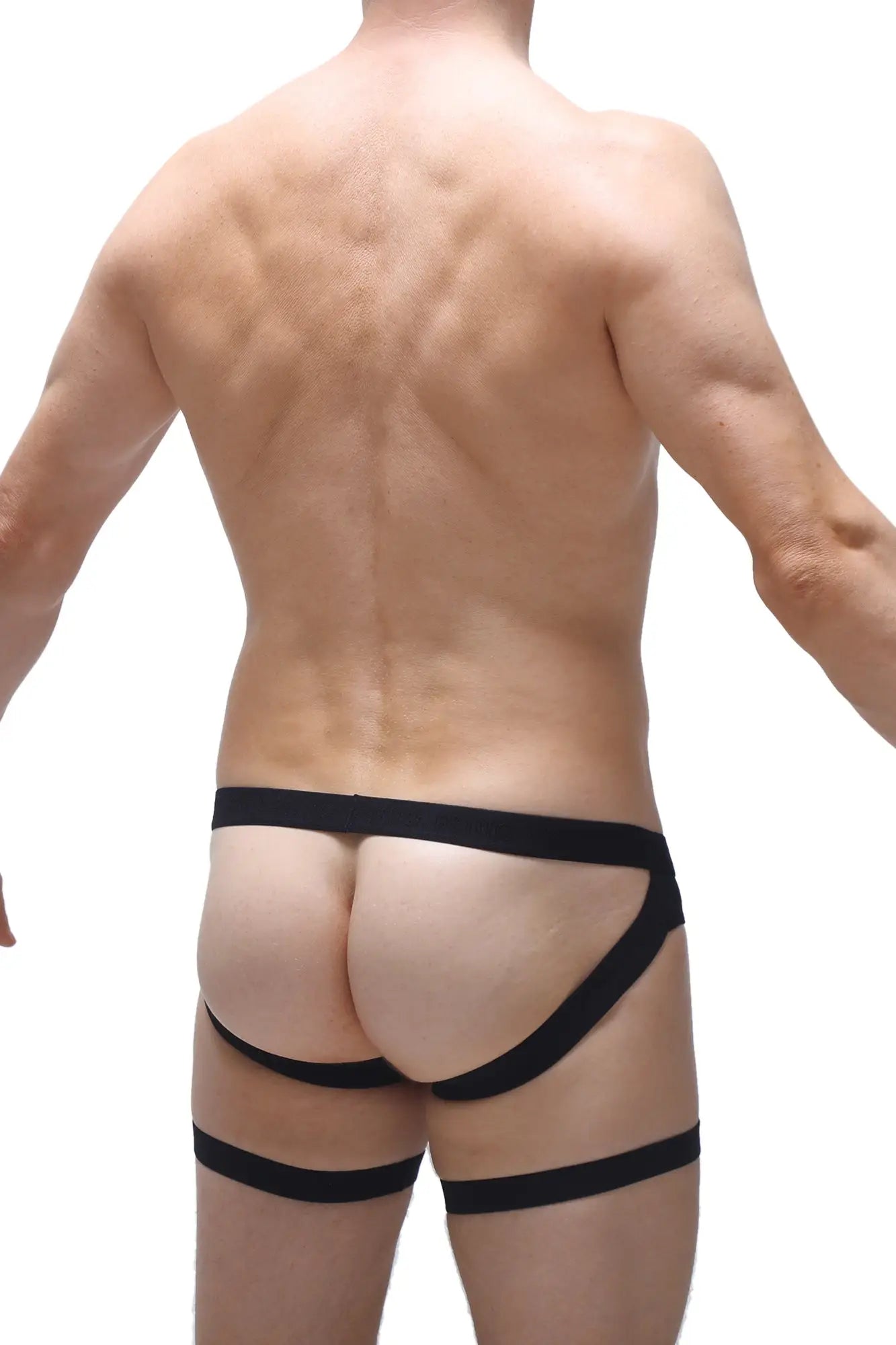 Black form-fitting jockstrap garter briefs with supportive design and elastic waistband for athletic use