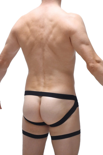 Black form-fitting jockstrap garter briefs with supportive design and elastic waistband for athletic use
