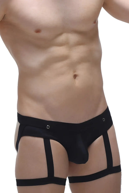 Black jockstrap garter briefs with supportive strappy design and reinforced gussets for comfort and durability