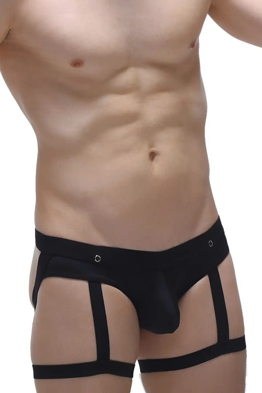 Black jockstrap garter briefs with supportive strappy design and reinforced gussets for comfort and durability