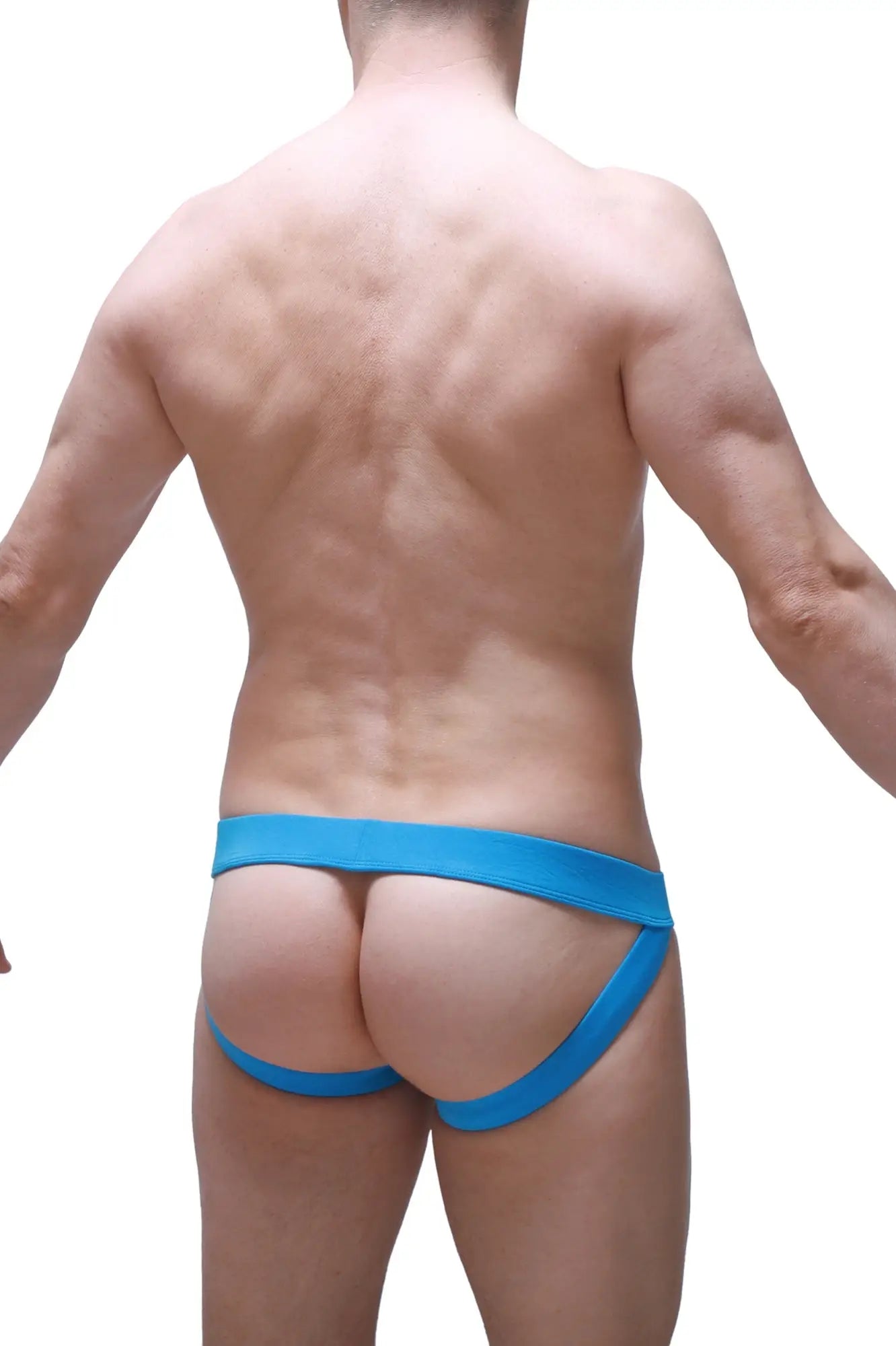 Bright blue form-fitting athletic briefs with supportive waistband and leg straps in jockstrap linthes bamboo green style