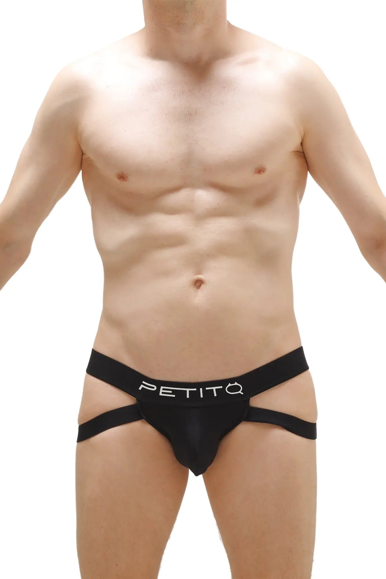Black petitq jockstrap lonray briefs with sleek form-fitting design and contrasting white logo on waistband