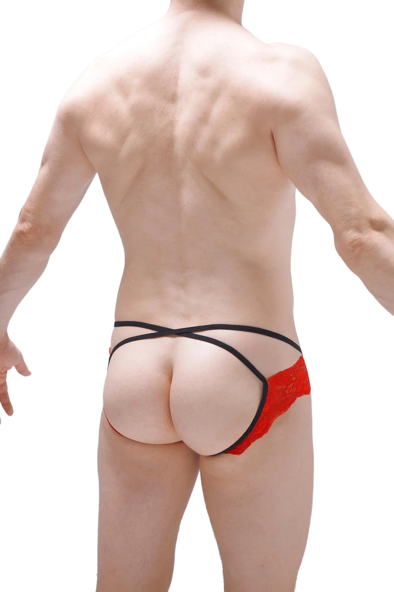 Red lace thong jockstrap ludios with black elastic straps showing front design and detailing