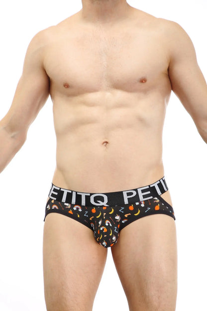 Black men’s briefs jockstrap lunan sitges with playful cartoon mushrooms bananas and orange slices pattern