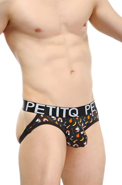 Black men’s briefs jockstrap lunan sitges with playful rainbow banana and sleeping symbols pattern on fabric