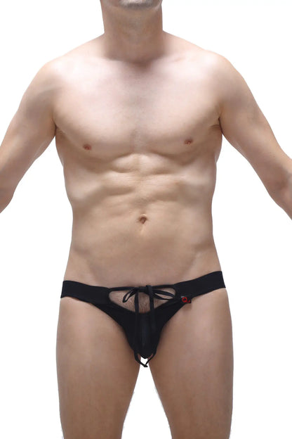 Black mesh jockstrap merpins with a tied waistband and small red logo on the side