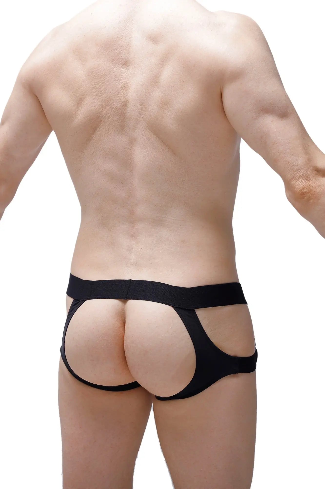 Black high-cut jockstrap mijoux briefs with wide waistband and cut-out sides in form-fitting material