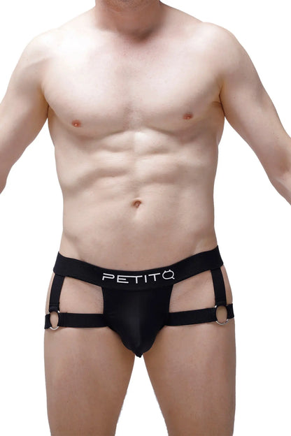 Black petitq brand men’s briefs jockstrap mijoux with side straps and metal rings in front view