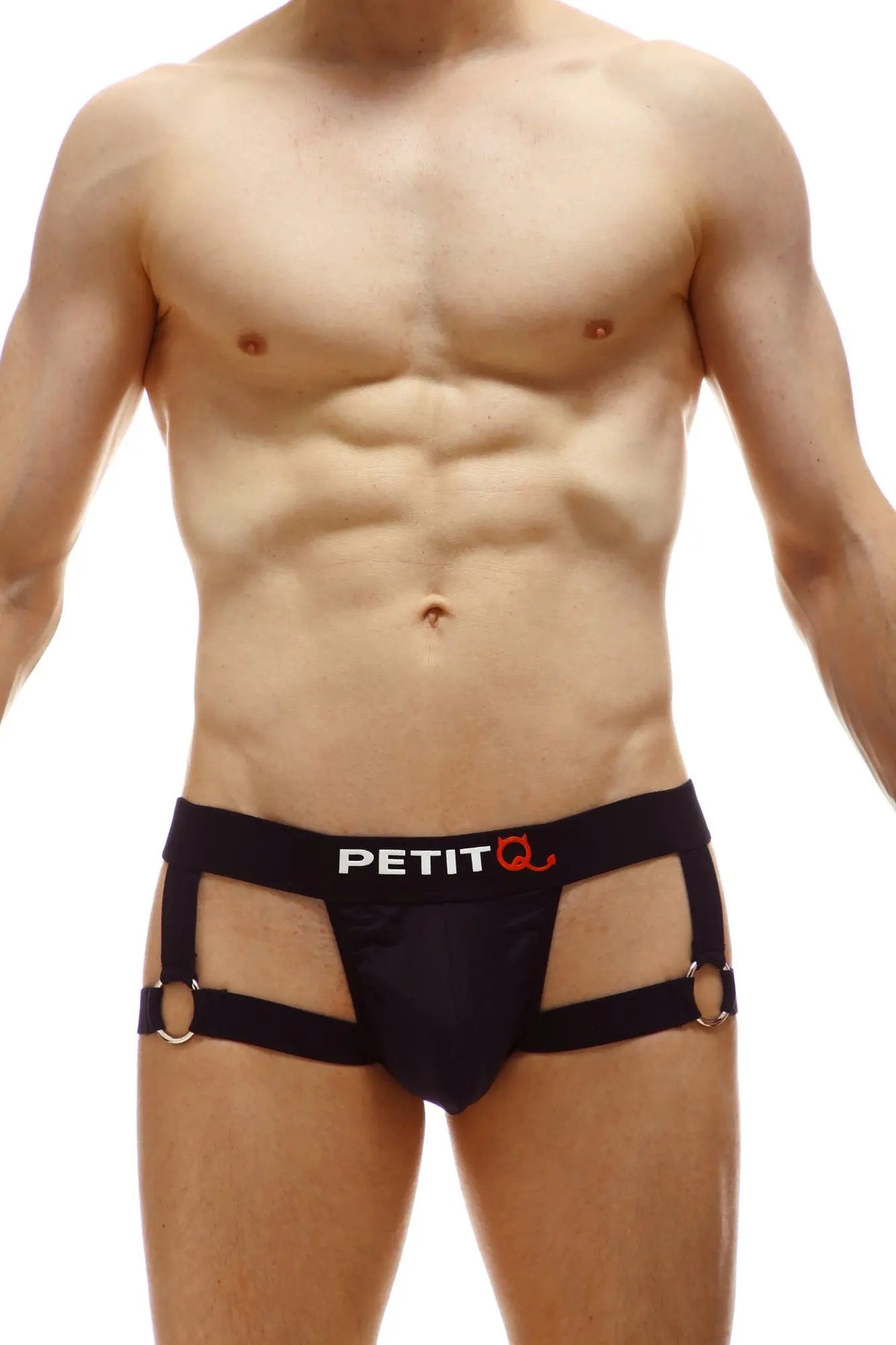 Black petitq men’s briefs jockstrap mijoux noir with side straps and metal rings visible from the back side