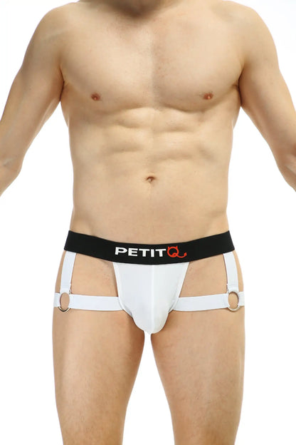 White petitq branded briefs with black waistband and white harness straps featuring metal rings front view