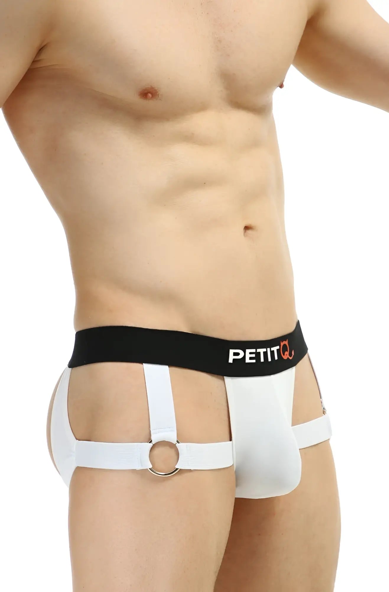 White jockstrap mijoux petitq with black waistband featuring petitq branding and silver ring detail on front side