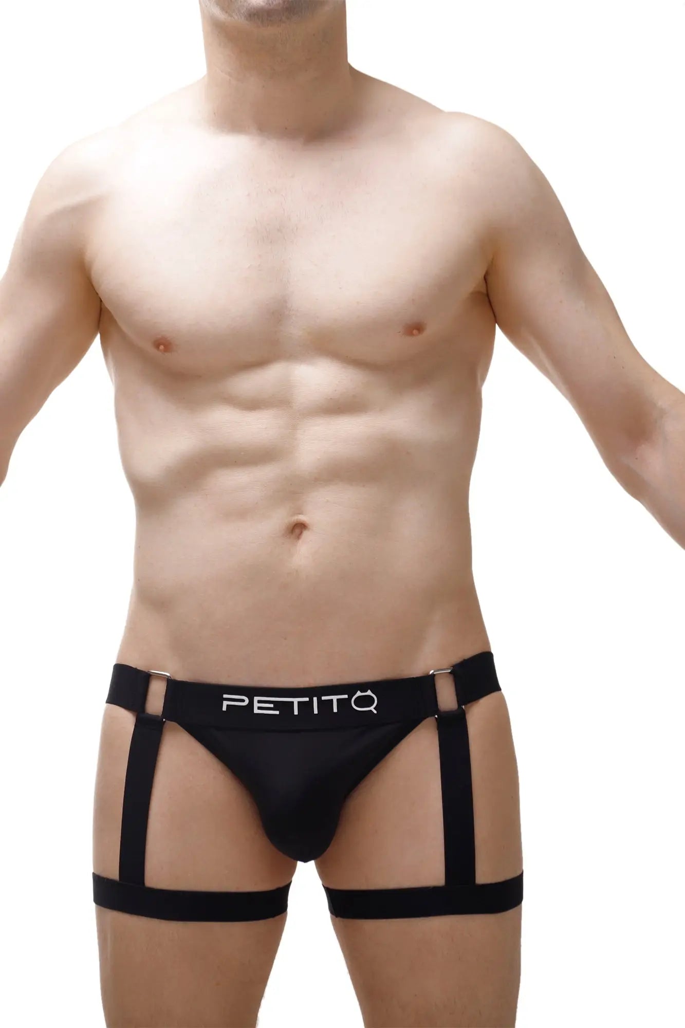 Black petitq jockstrap briefs with four adjustable straps and a white branded waistband in 2023 design
