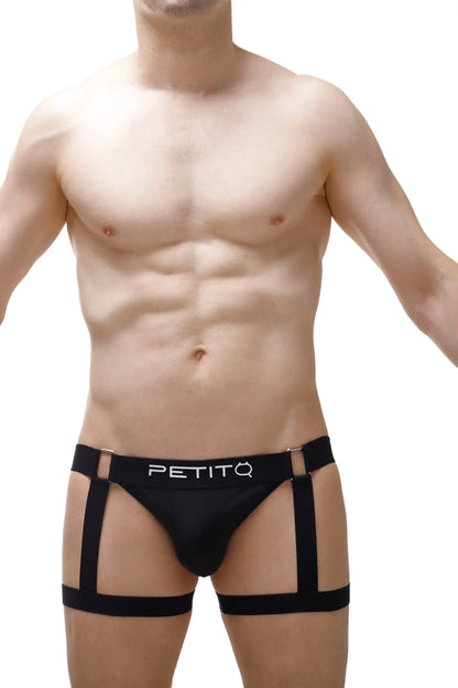 Black petitq jockstrap briefs with four adjustable straps and a white branded waistband in 2023 design