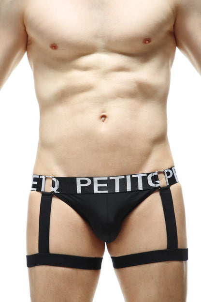 Black men’s briefs jockstrap mirbel recycled black with white petit logo band and matching leg straps front view