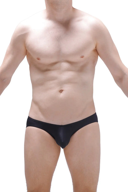 Black sleek form-fitting jockstrap montaut briefs with a smooth satin-like finish for men