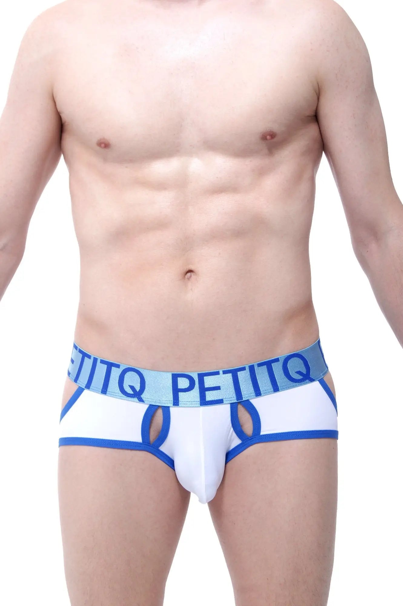 White and blue petitq men’s briefs with bold logo band designed as jockstrap montendry white style