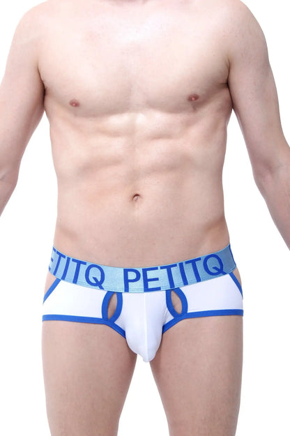 White and blue petitq men’s briefs with bold logo band designed as jockstrap montendry white style