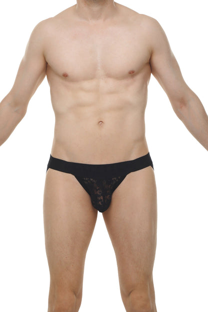 Black lace briefs with solid waistband featuring monviel lace material in black for stylish jockstrap use